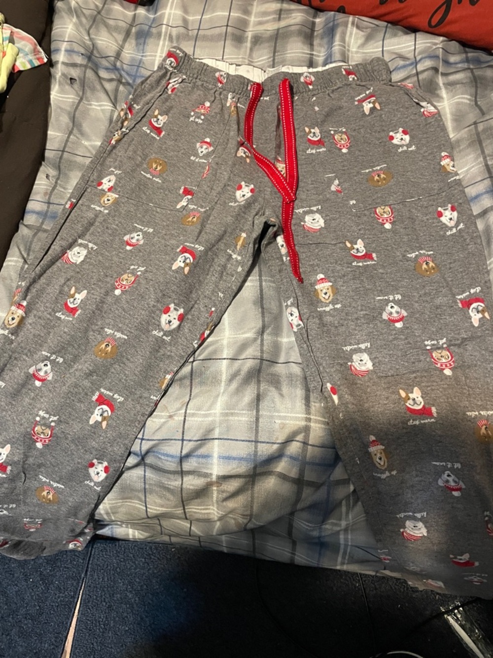 Kids Gray Holiday Dog Print Pajama Pants with Red Drawstring
